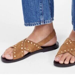 Madewell Tuley Crossover Suede Brown Studded Sandal Size 10.5